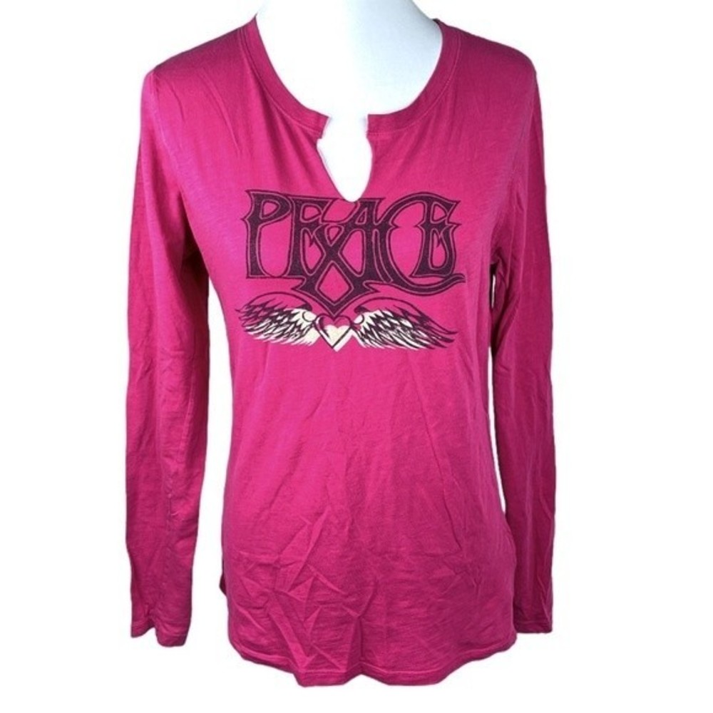 Lucky Brand Peace Heart Angel Wings Long Sleeve Shirt Pink Size Large